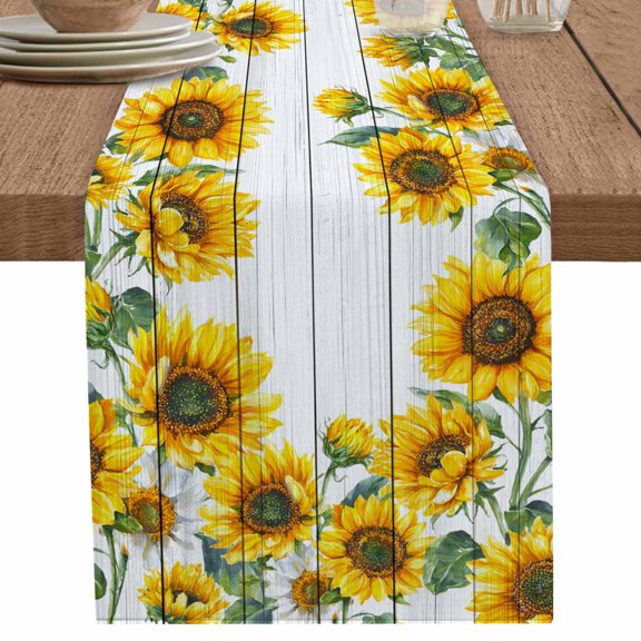 nqOlkjepod Sunflower Table Runner 108 Inches Long Farmhouse Dress Scarves, Vintage Yellow Flowers White Wood Grain Dining Tablerunner for Coffee Table/Kitchen Island/Party Décor, 13" x 108"