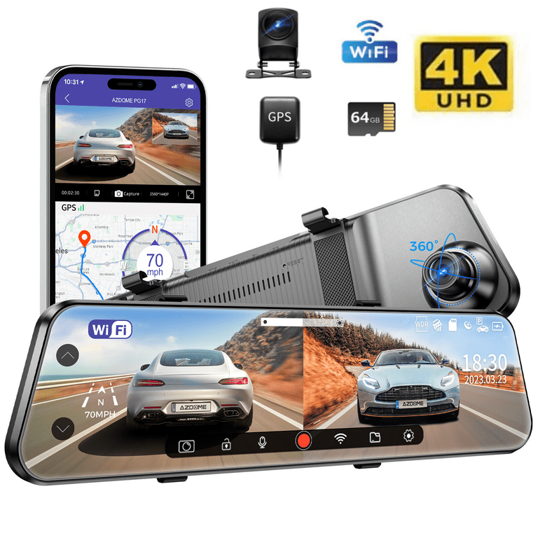 AZDOME Rear View Mirror Dash Cam Dual Camera 4K Front and 1080P Rear Camera 12 Mirror Dash Cam with Night Vision Built in Wi Fi GPS Free 64GB