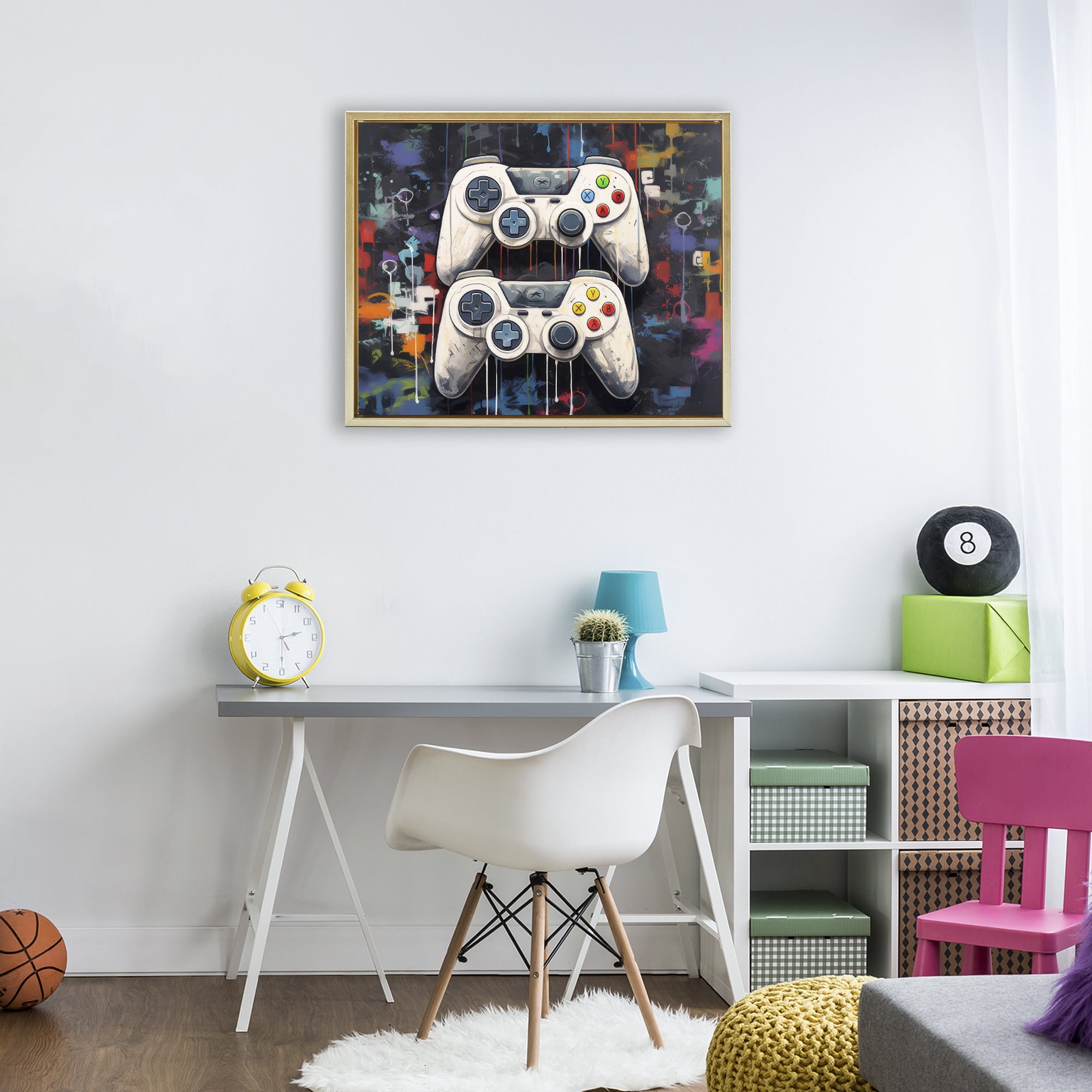Stupell Industries Joystick Journeys with Paint Splatter Gold Framed Floater Canvas Wall Art, design by Lazar Studio