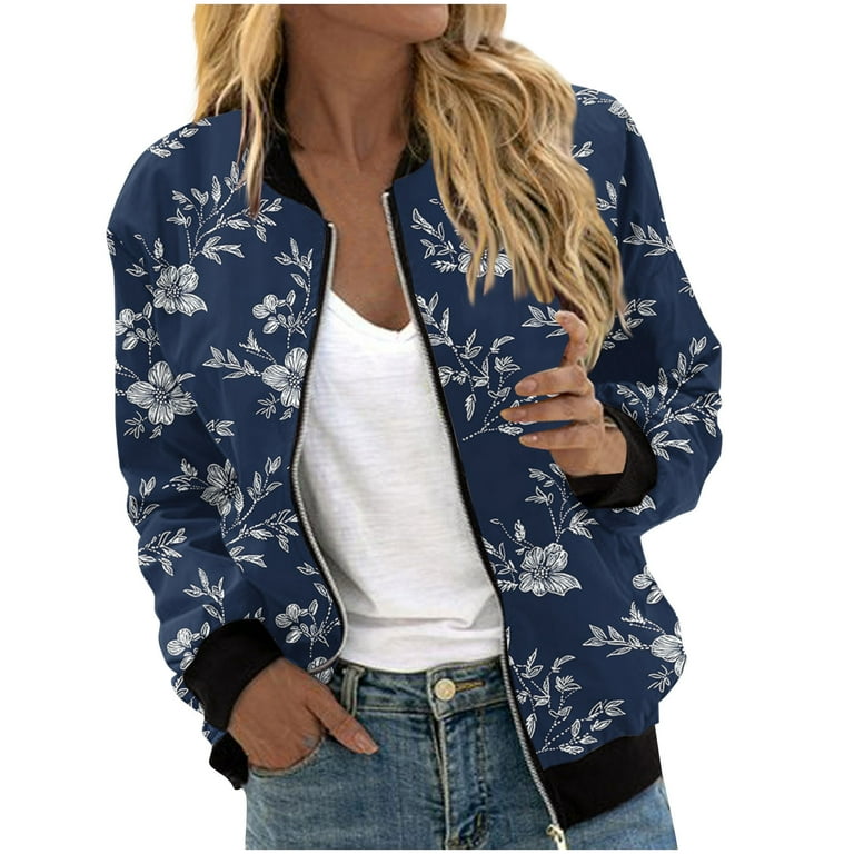 Trushoes Women's Floral Bomber Jacket Navy, Size M, Stretchy