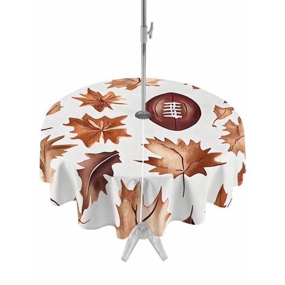 Outdoor Tablecloth with Umbrella Hole, Fall Maple Leaf Football Spillproof Waterproof Outdoor Table Cover, Autumn Farmhouse Vintage Patio Tablecloths for Party/Garden/Picnic, Round 60 inch