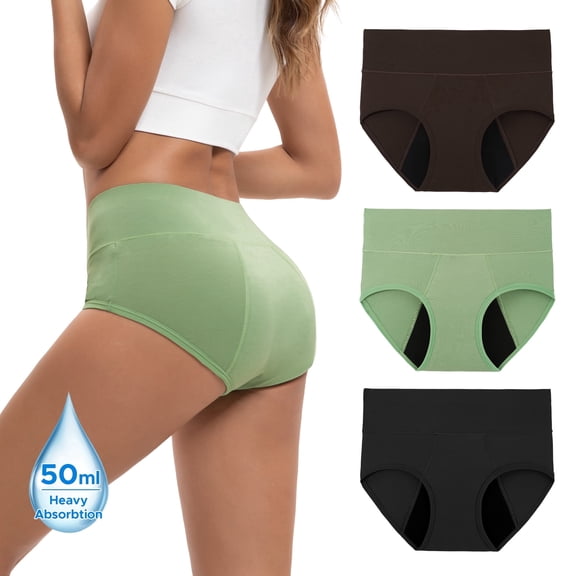 INNERSY Women's Rayon from Bamboo Period Underwear - High Waist Leakproof Briefs for Heavy Flow, Breathable 3-Pack(L,Green Dark)