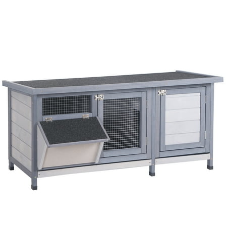 Wooden Rabbit Hutch Bunny Hutch Cage Guinea Pig with Waterproof Roof, No Leak Tray and Feeding Trough, Indoor Outdoor, Gray