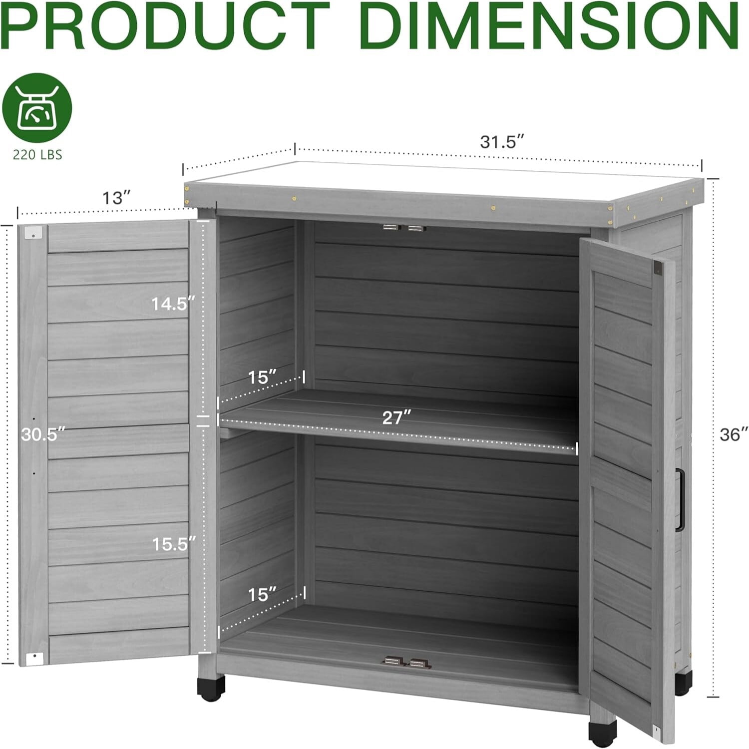 Easy4Home Wooden Outdoor Storage Cabinet with Metal Top Potting Bench Table Garden Workstation, Classic Gray