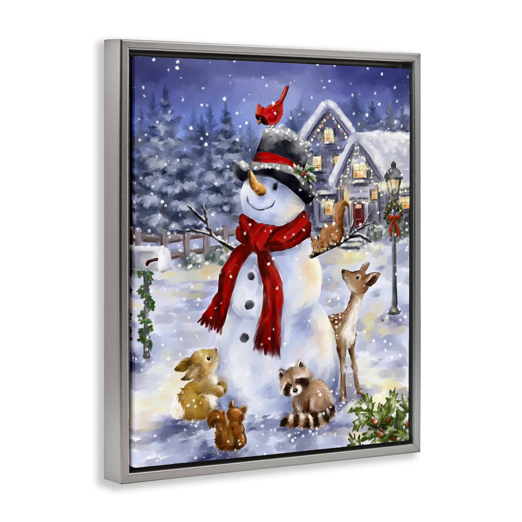 Stupell Industries Snowman & Forest Animals Holiday Painting Gray Floater Framed Art Print Wall Art, 25 x 31