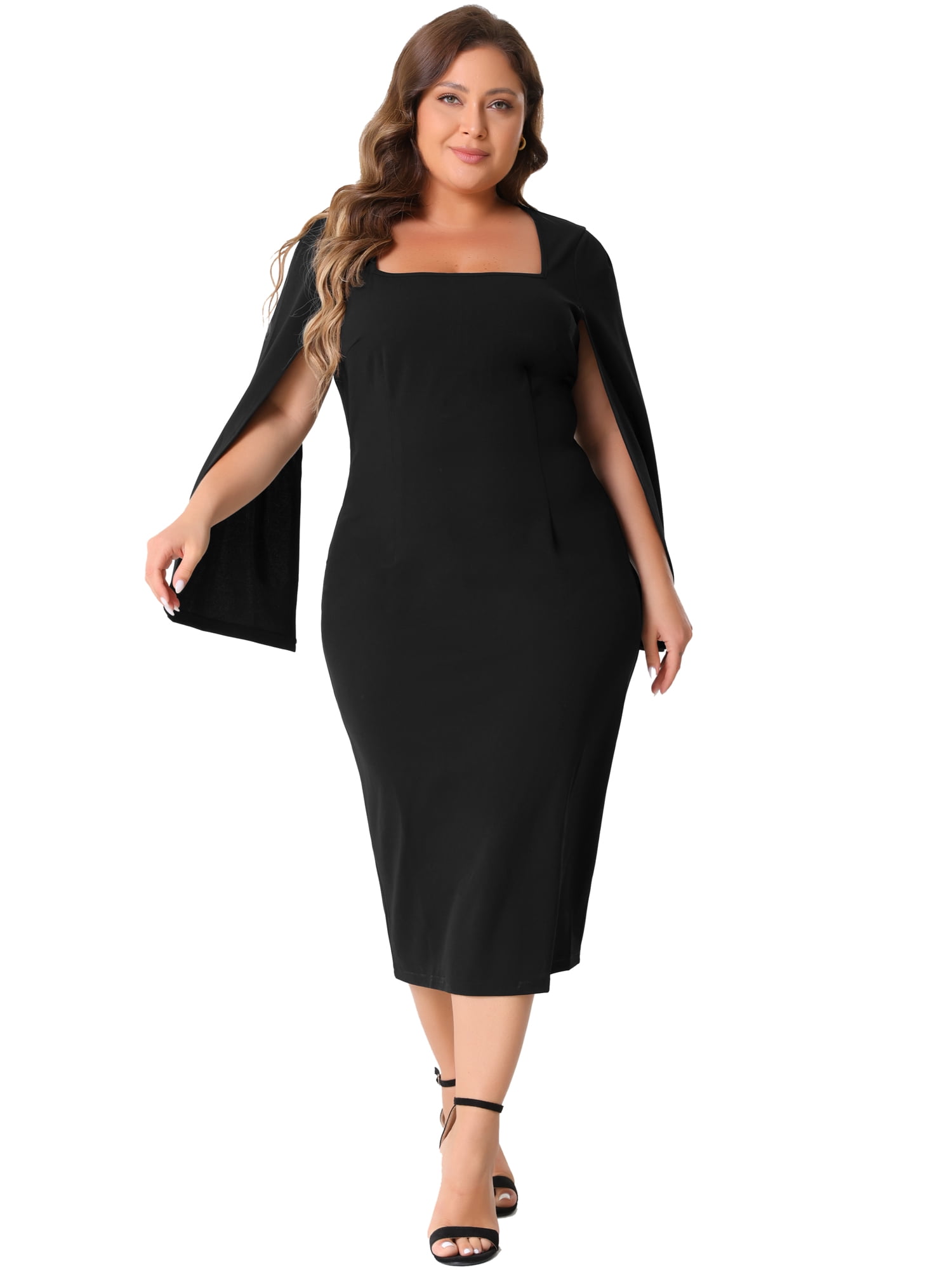 DARING DIVA Plus Size Square Neck Long Sleeve Back Slit Bodycon Dress 3X Black