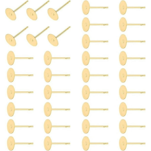 200 piezas de aretes planos de 6 mm con pasador chapado en oro de 24 quilates, de acero inoxidable, con forma de perno, redondos y planos.