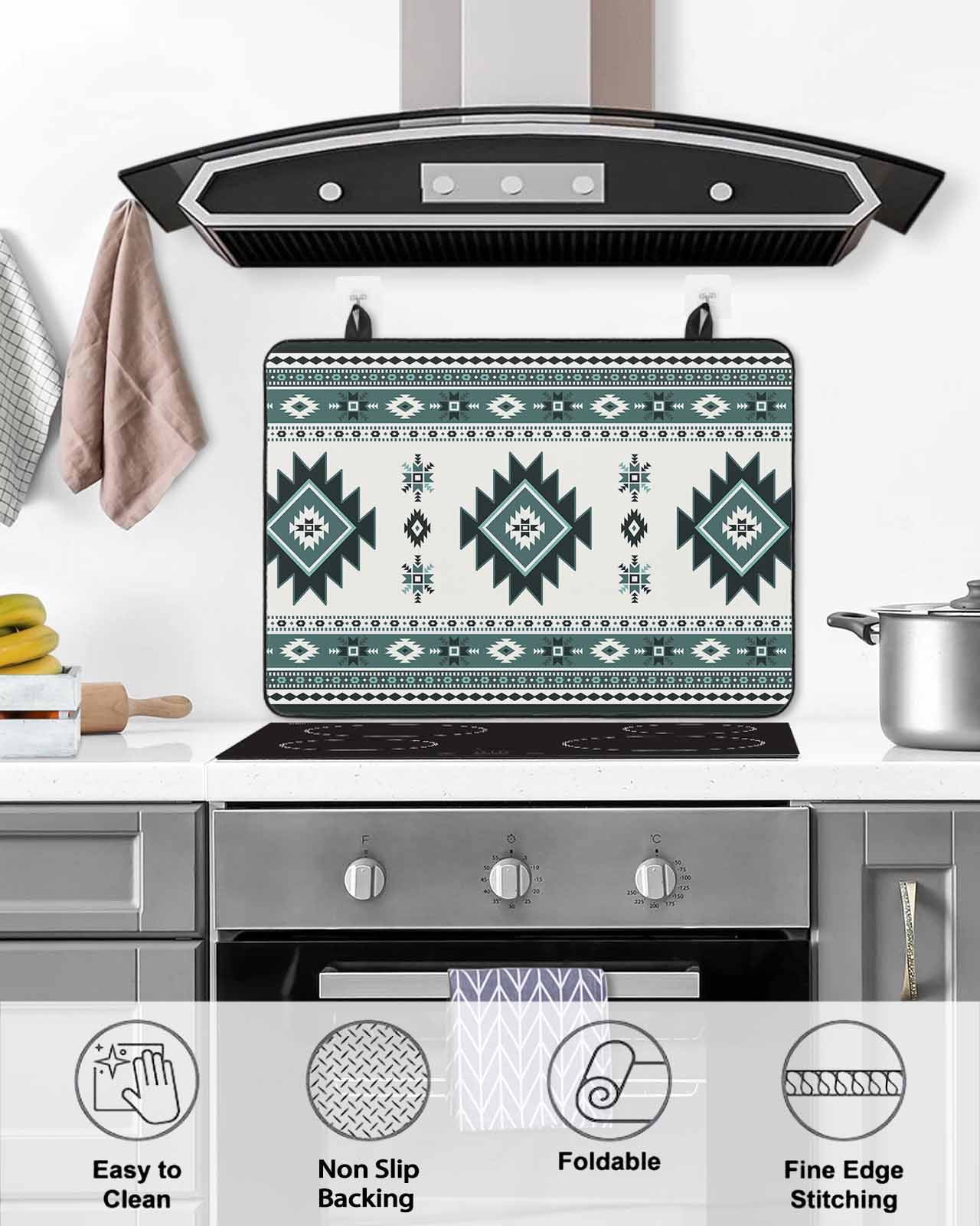 nqOlkjepod Large Induction Cooktop Protector Mat 36"x21", Green Boho Stove Top Covers for Electric Stove, Ethnic Tribal Aztec Abstract Geometric Motifs Stove Burner Cover Mats, Glass Top Stove Cover