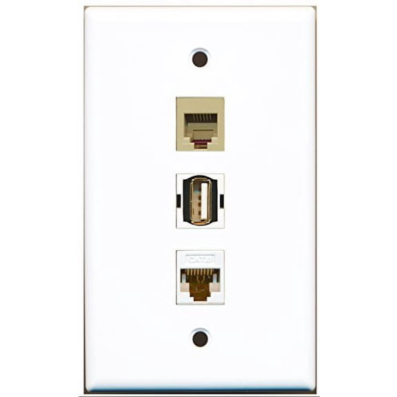 RiteAV - 1 Port USB A-A and 1 Port Phone RJ11 RJ12 Beige and 1 Port Cat6 Ethernet White Wall Plate