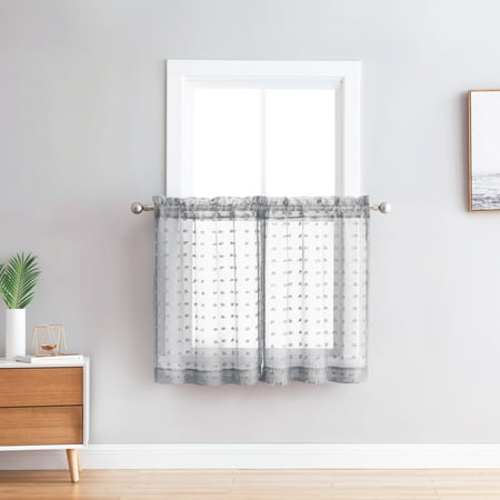 Simple Curtain Designs For Small Windows Bathroom and More Collection Sheer 2 Piece Window Curtain Café/Tier Set: 3-D Small Soft Tufts Design, 36in Long Each Tiers (Silver/Light Gray) ()