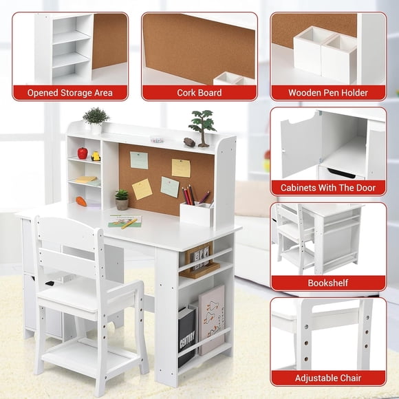 Historyli Escritorio de estudio con silla,mesa de estudio de madera,juego de escritorio y silla con estantería,tablón de anuncios y armarios para niños y niñas de 3 a 8 años,color blanco