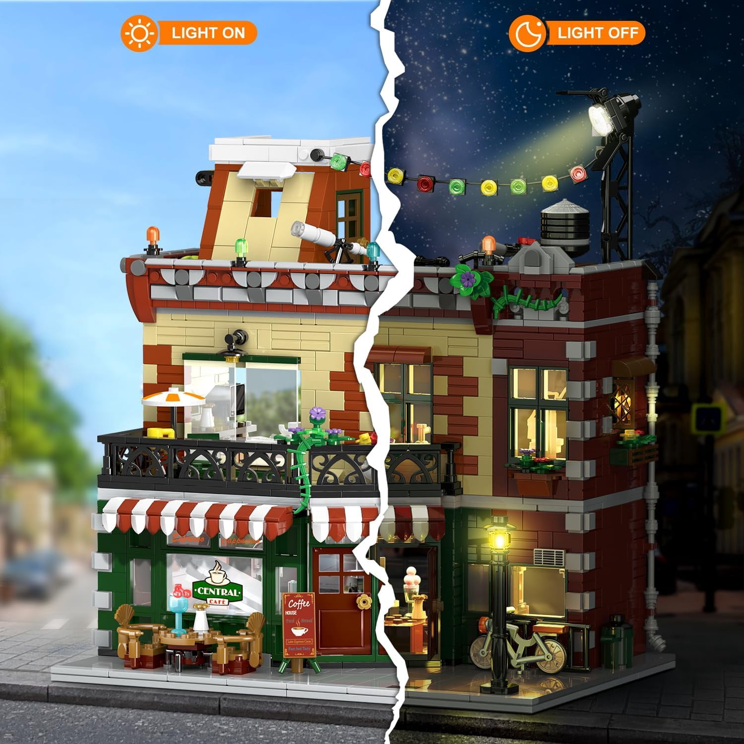 TERRAMUS Cafe Shop Building Kit with LED Light, 1589 Piece City Street View Building Blocks Set, Coffee House Construction Toy for Ages 12+