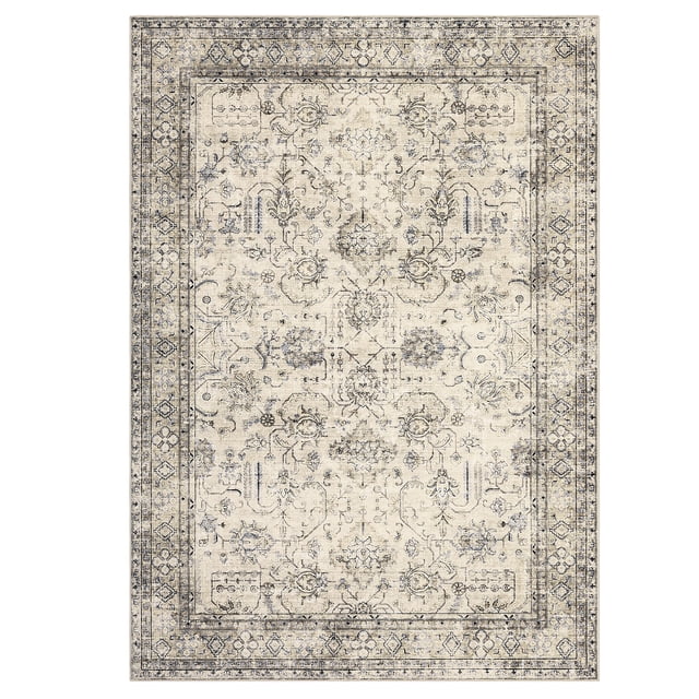 Machine Washable Area Rug for Living Room Bedroom - Non-Slip, Low Pile, Mark Resistant Vintage Floral Carpet for Dining Room Kitchen Entryway Home Office - Beige, 5x7ft (152x213cm), USA Stock