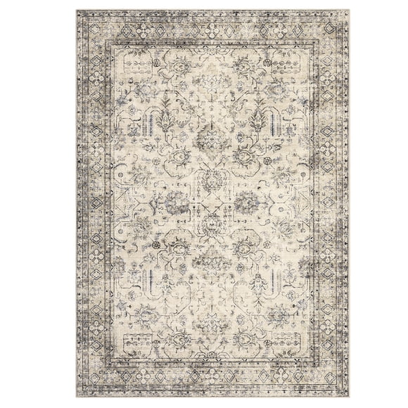 Washable Area Rug 6x9 Ft - Vintage Distressed Carpet - Non Slip Low Pile Floor Rug for Living Room Bedroom Dining Room Office Entryway - Soft Stain Resistant Easy Clean Farmhouse Style - Beige