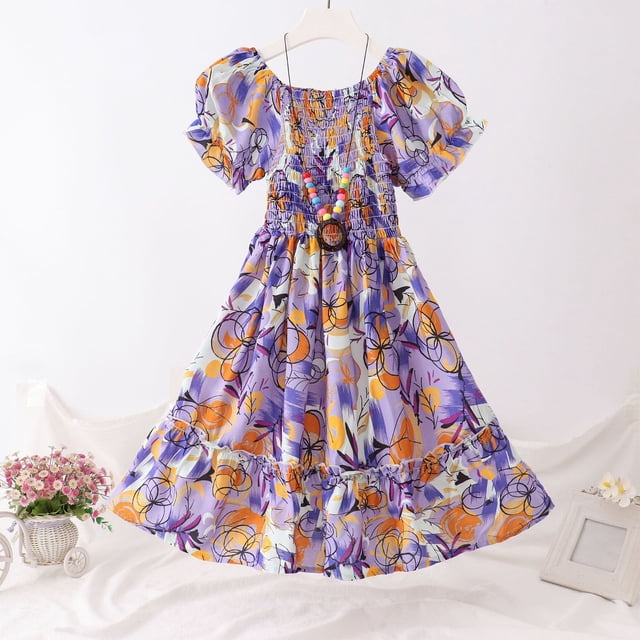LOVZFMLL Robe Longue d'Été à Manches Courtes et Col Rond pour Enfants pour Vacances à la Plage Robe Florale