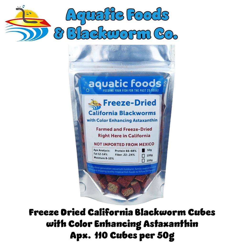 Aquatic Foods Inc. Freeze Dried California Blackworms, with Color Enhancing Astaxanthin for Discus, All Tropical Fish. Farmed and Freeze Dried in California USA! NOT Imported from Mexico…50 Grams