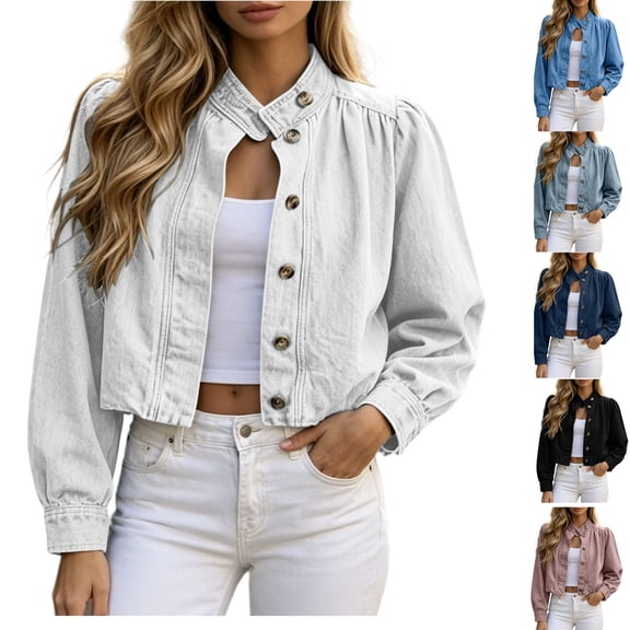 Ghalytn Women Stand Collar Cropped Denim Jacket Puff Long Sleeve Button Front Casual Outerwear