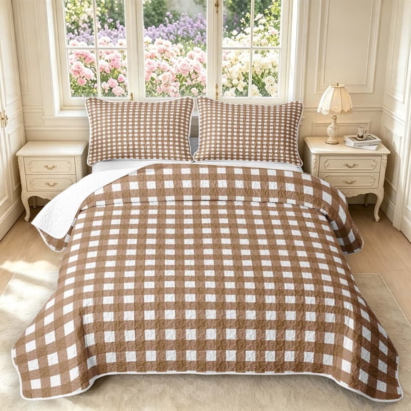 Manfei Modern Brown Checkered Twin Quilt Set,Geometric Check Twin Coverlet Set,2 Pieces,1 Bedspread and 1 Pillowcase