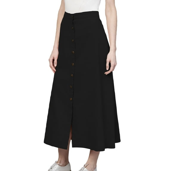Women's Cotton A-line Button Front High Waist Front Slit Knee Length Skirt, Color : Black, Size: M