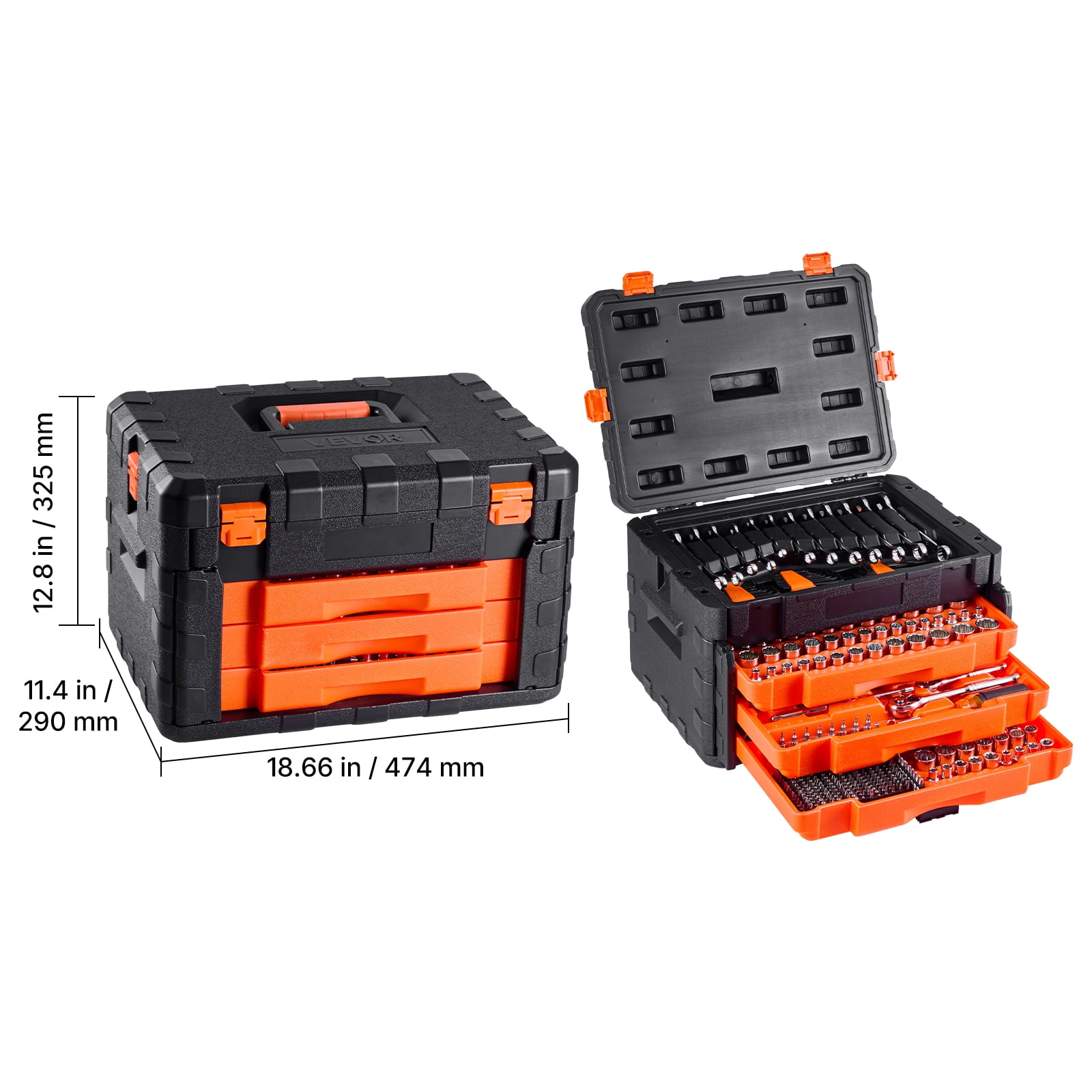 VEVOR Mechanics Tool Set and Socket Set,450 Pcs, 1/4, 3/8 and 1/2 inch Drive Deep and Standard Sockets, SAE Metric Mechanic Tool Kit with Bits, Wrenches, Accessories, Storage Case with Orange Drawer