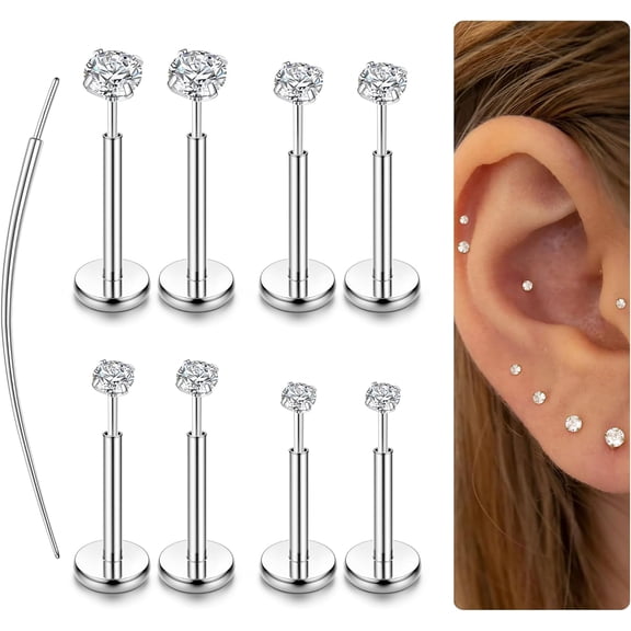 14K Gold Filled Threadless Nose Studs CZ Nose Rings for Women Men 316L Surgical Steel Labret Studs Lip Rings Push in Flat Back Stud Earrings CZ Nose Nostril Tragus Helix Piercing Jewelry Hypoallerge