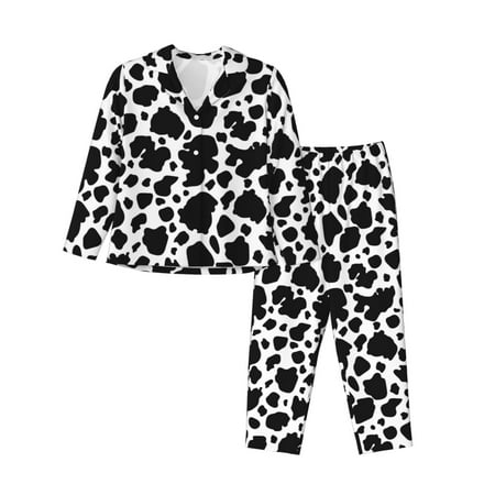 2 Piece Womens Pajama Sets - Cute Cow Print Black White Soft Sleepwear Comfy Pajamas Ladies Pj Lounge Sets with Pockets  Long Sleeve Button Shirt and Pajama Pants Pjs Sets for Women