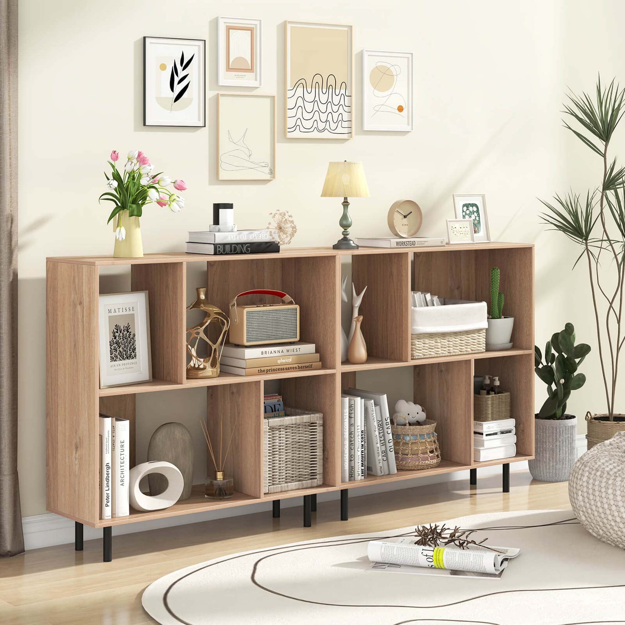 Costway Open Shelf Bookcase Mid Century Modern Cube Bookshelf with 4 Compartments Natural