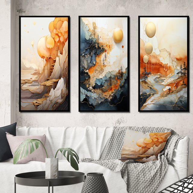 Designart "Abstract Mountain Landscape Illuminated by Full Moon I" Abstract Landscape Framed Wall Art Set Of 3 - Gold Abstract Landscapes Frame Canvas Set For Living Room Decor