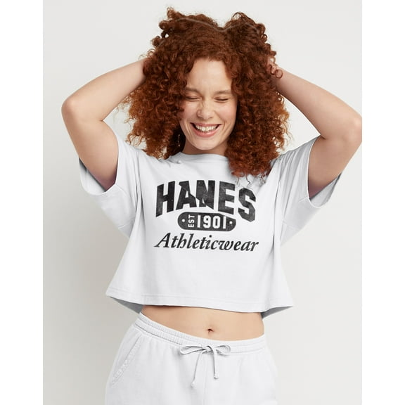 Hanes Originals Women's Graphic Cropped T-Shirt, Athleticwear White S