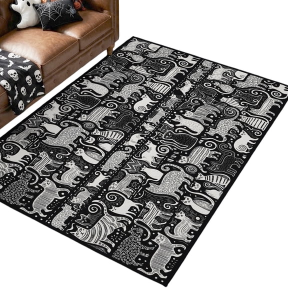Halloween Cat Washable Area Rug 3 x 5 ft Vintage Abstract Whimsical Black White Swirl Soft Non‑Slip Rugs Stain Repellent Indoor Mats for Entry Foyer, Apartment Living Corner Dining Nook