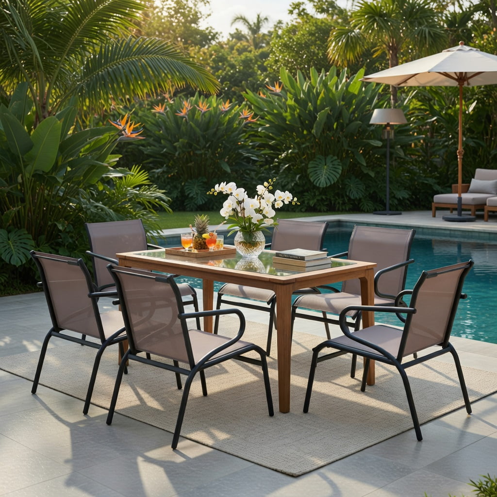 Hommoo Modern Outdoor Patio Chairs Set of 2, Breathable Fabric, Heavy-Duty Metal Frame, Ergonomic Design for Porch, Deck, Poolside & Garden, Black & Brown