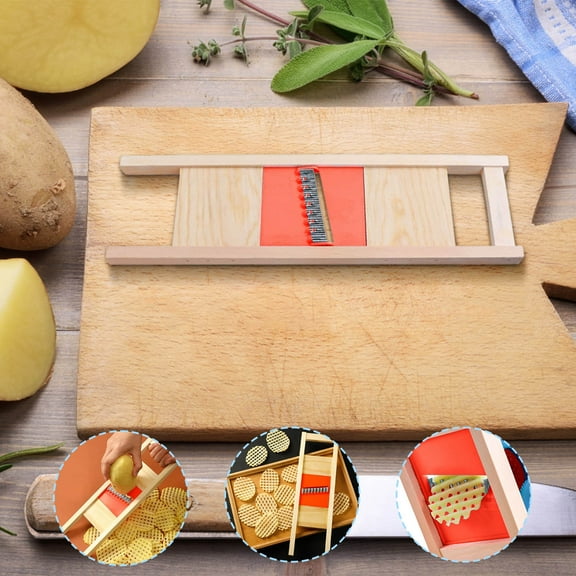 Potato Cutter Under 5 ! Yannianjz Wooden Handle Mesh Potato Slicer for Chips, Vegetable Cutting Tool for Kitchen Use, Ergonomic Cutter for Food Preparation