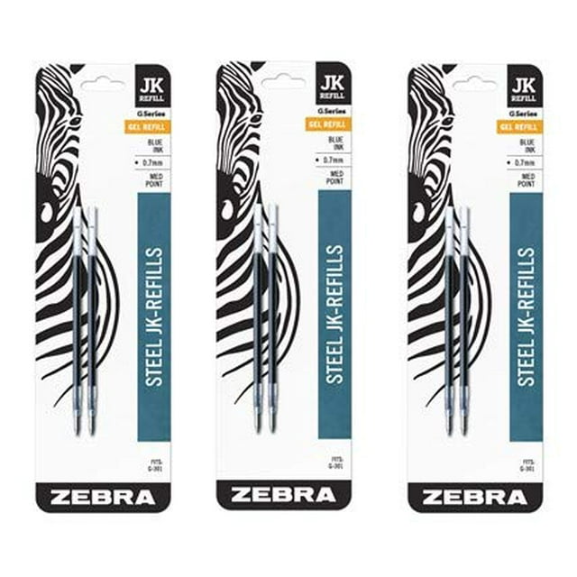 Zebra Jk-Refll G301 Recambios Para Bolígrafo Retráctil, Tinta Azul De Punta Media De 0,7 Mm, 6 Unidades (3 Paquetes X 2 Recambios Cada Uno)