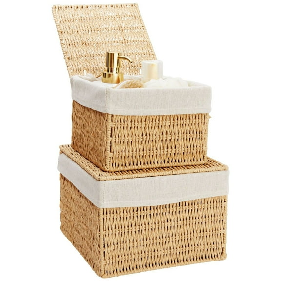 Juvale Wicker Storage Bins with Lids and Insert - Set of 2, 10 x 10 x 7 in & 8 x 8 x 6 in, Brown - Rectangular Lined Baskets with Lids & Insert for Organization