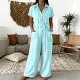 thumbnail image 5 of Bloomae Womens Button Down V Neck Jumpsuits Summer Casual Short Sleeve Loose Fit Wide Leg Overalls Dressy One Piece Belted Rompers with Pockets, 5 of 7