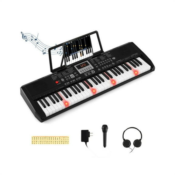 Black 61-Key Digital Piano Keyboard with Light-Up Teaching Mode, 200 Rhythms & Dual Keyboard Function for Beginners