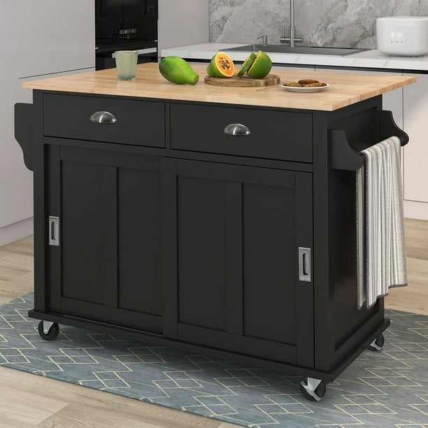 UWRNite Rolling Mobile Kitchen Island Cart on Wheels with Rubber Wood