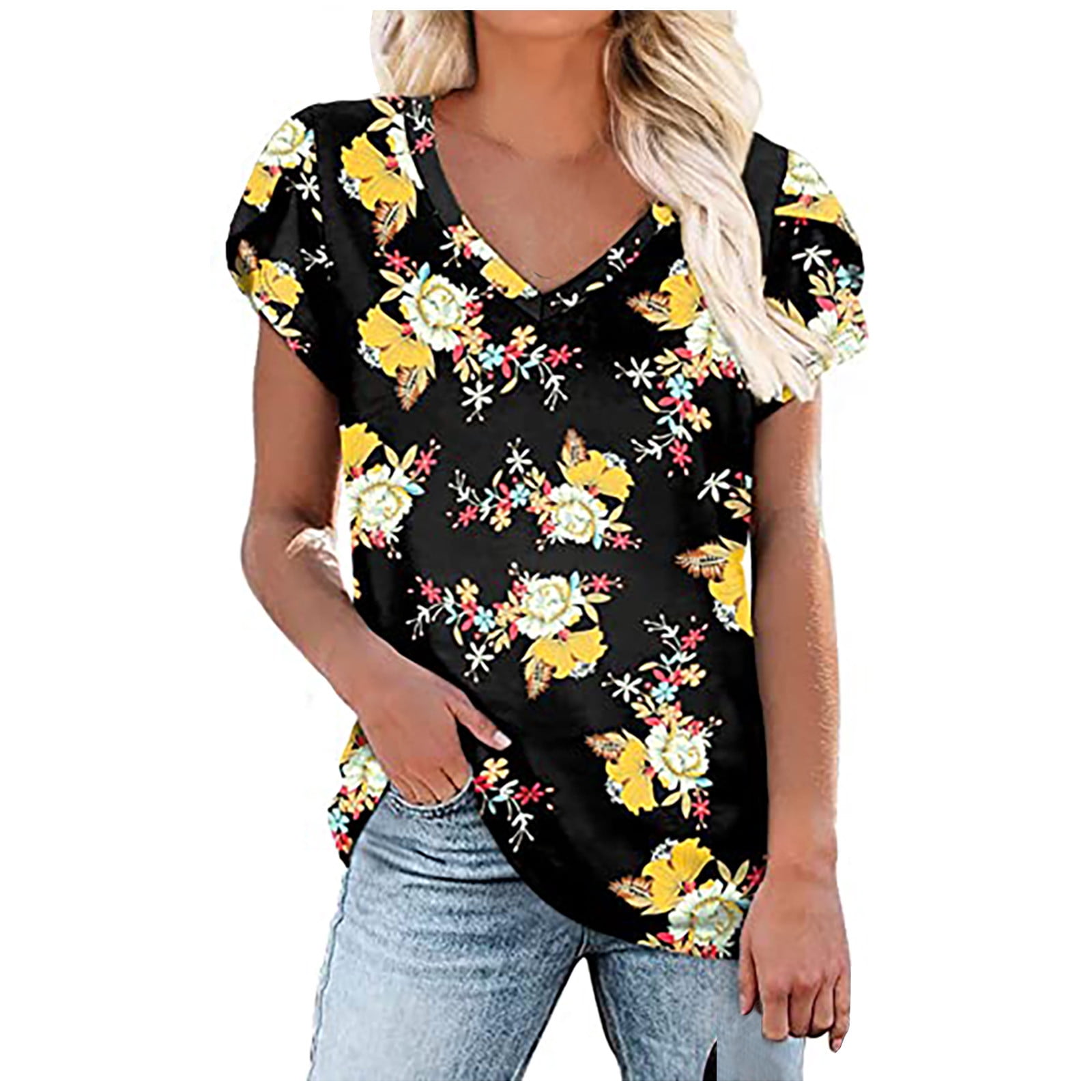 CYMMPU Women's Summer Fashion Vacation Tee Casual Loose Short Sleeve Comfort Tops Printing Pullover Blouse V Neck