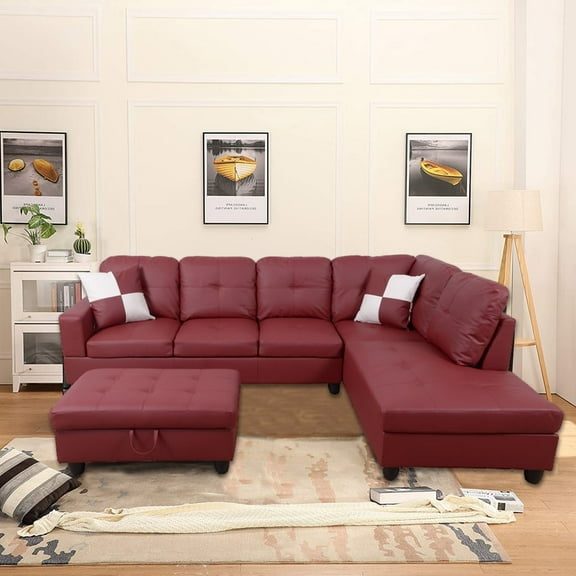 Ponliving Furniture Faux Leather Sectional Set, Living Room L-Shaped Modern Sofa Set, with Storage Ottoman and Matching Pillows, Right Facing Red