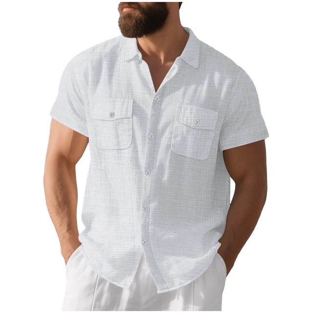 Camisetas de Manga Corta con Botón de la Solapa de los Hombres de Ajuste Suelto Cardigan de Bolsillo Moda Superior Verano Casual