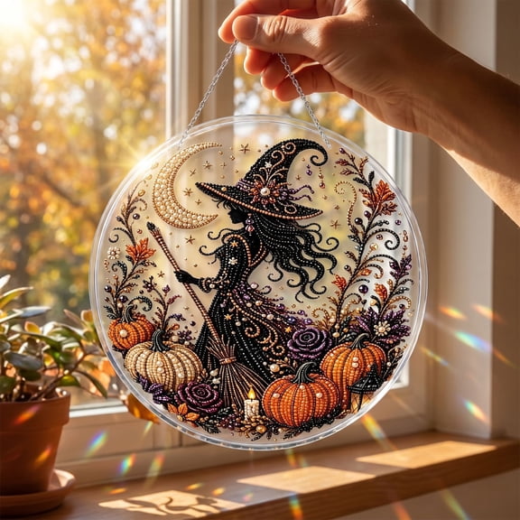 Halloween Diamond Painting Hanging Kit, Witch Pumpkin Special Shaped Crystal Gem Acrylic Pendant for Window Home Wall and Door Hanging Ornament Witch