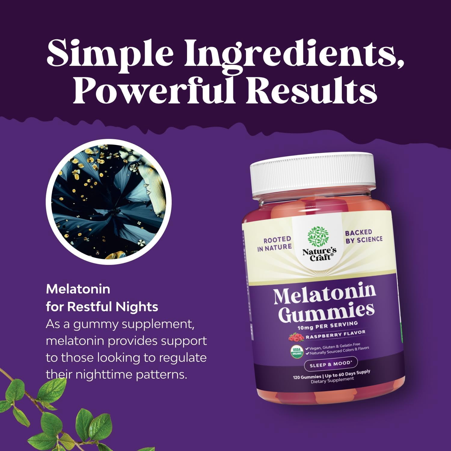 Natures Craft Organic Melatonin Gummies, 10mg Sleep Aid Supplement for Better Sleep, 120 Capsules