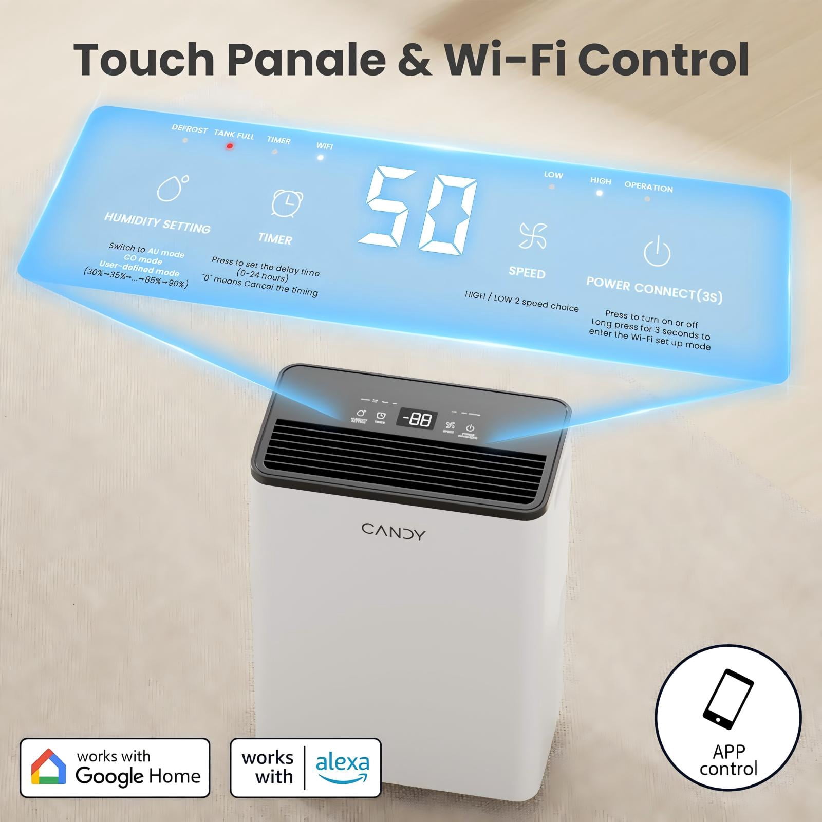 Candy® 34 Pint Dehumidifier for Home, 2000 Sq.Ft Portable Dehumidifier with Drain Hose, Auto & Continuous Mode, 0.66 Gal Tank, Smart Control for Basement Bedroom Bathroom