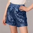 thumbnail image 2 of Hinvhai Girls Sparkle Sequins Elastic Waist Birthday Shorts Pants with Bowknot Dark Blue 4-5 Years, 2 of 6