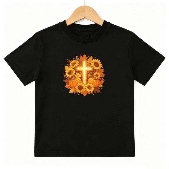 Christian Cross Sunflower Pumpkin Fall Boys Graphic Tees Thanksgiving Kids T-Shirt 100% Cotton Short Sleeve Tops Ages 4-13Y
