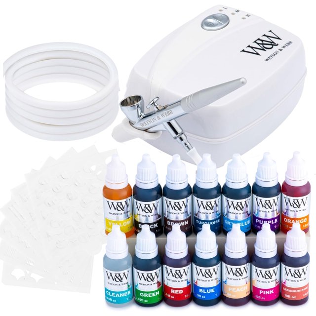Watson & Webb Essentials Selection - Cake Airbrush Decorating Kit - Inc Professional 3 Speed Mains Powered Spray Gun, 13 Vibrant Colors & Tools - for Food, Cakes, Cookies & Baking