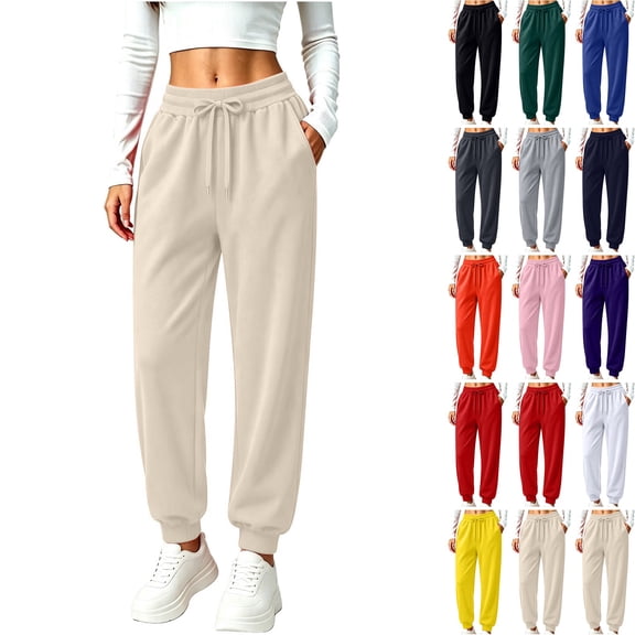 WULMLEO Women's Elastic High Waist Drawstring Jogger Sweatpants Solid Color Loose Casual Tapered Sweat Pants with Side Pockets Beige XL