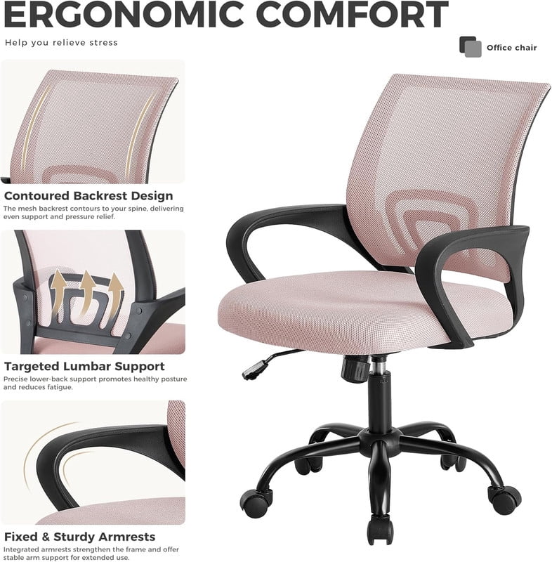 Simenmax Ergonomic Mid Back Office Chair, Pink Mesh Computer Desk Chair with Lumbar Support, Rocking Mode for Home Office