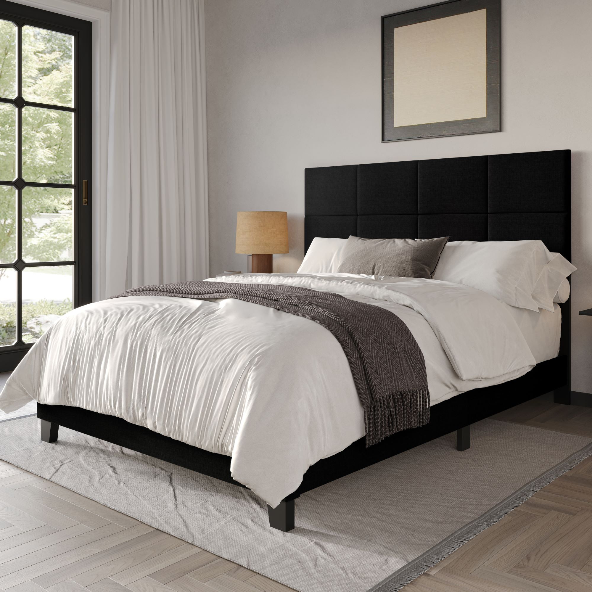 Home Design Lufkin King Upholstered Panel Bed Frame with Checkered Tufted Headboard & Foam-Filled Comfort, Black, Easy Assembly
