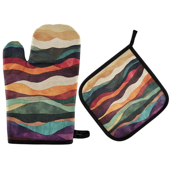 Yayeee Oven Mitts and Pot Holder Set of 2 Heat Resistant Kitchen Gloves Baking Hot Pad, Artistic Desert Pattern